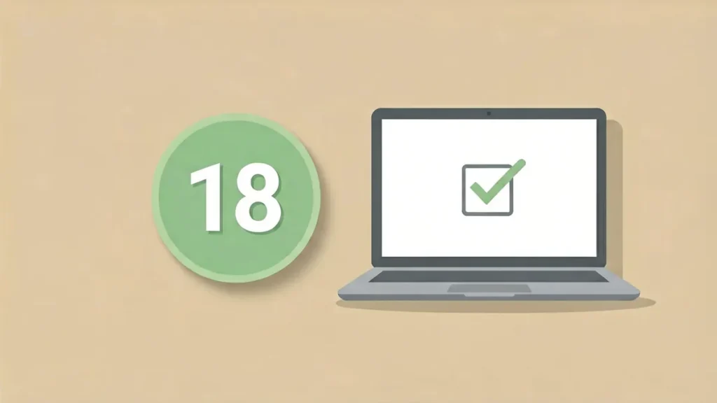 Editorial illustration of an 18+ age confirmation badge beside a laptop screen for an adult-only online ordering page.