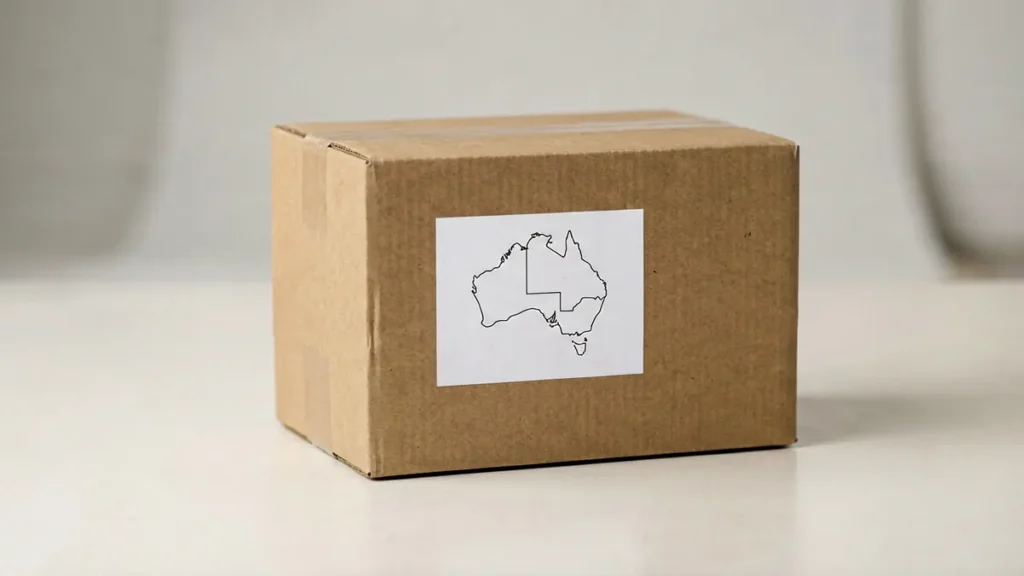 Plain brown cardboard delivery parcel with a white label showing an outline map of Australia, representing Australia-only delivery