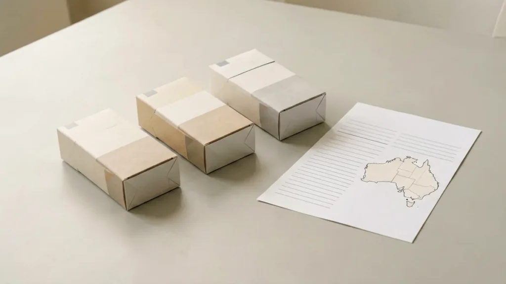 Unbranded carton-shaped packages and a comparison worksheet on a desk in an Australian buying guide