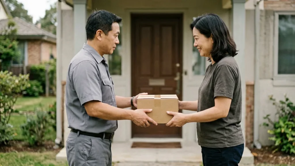 Adult courier handing a sealed cardboard parcel to an adult at a suburban Australian front door
