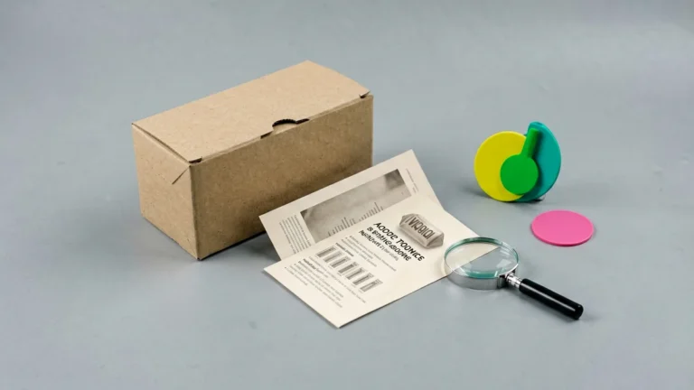 Unbranded catalogue cards and plain carton silhouettes beside a magnifying glass, illustrating how to read a capsule descriptor