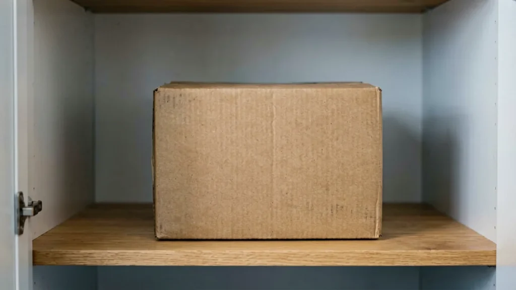Sealed plain cardboard carton box stored on a shelf in a cool, dry cupboard