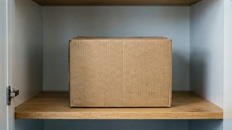 Sealed plain cardboard carton box stored on a shelf in a cool, dry cupboard