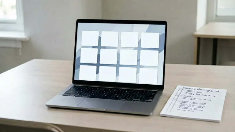 A neutral desk scene with an unbranded catalogue grid and a checklist for comparing product records