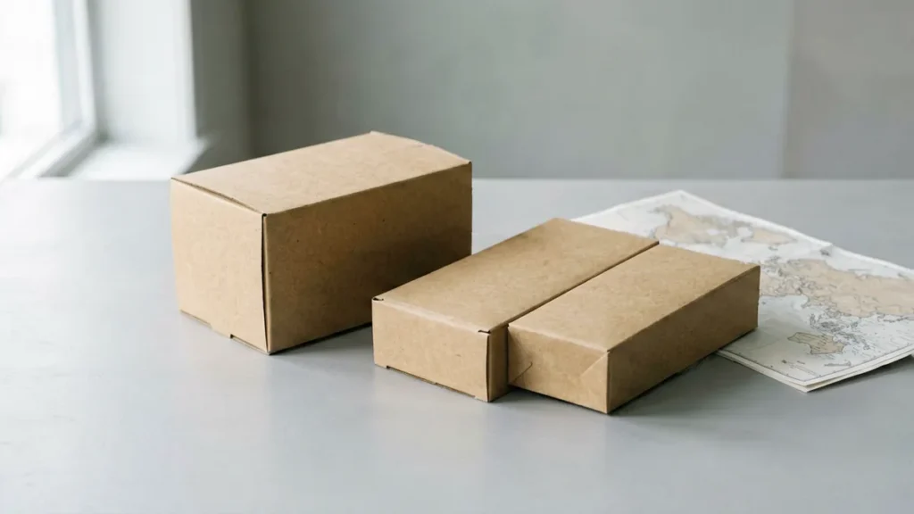 Unbranded paperboard carton box and empty packs beside a folded paper world map on a neutral studio surface