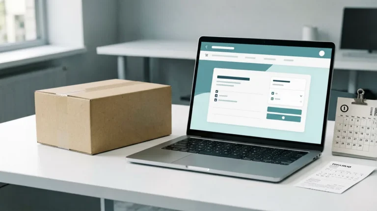 Parcel, calendar and laptop arranged on a desk for checking a delayed delivery update