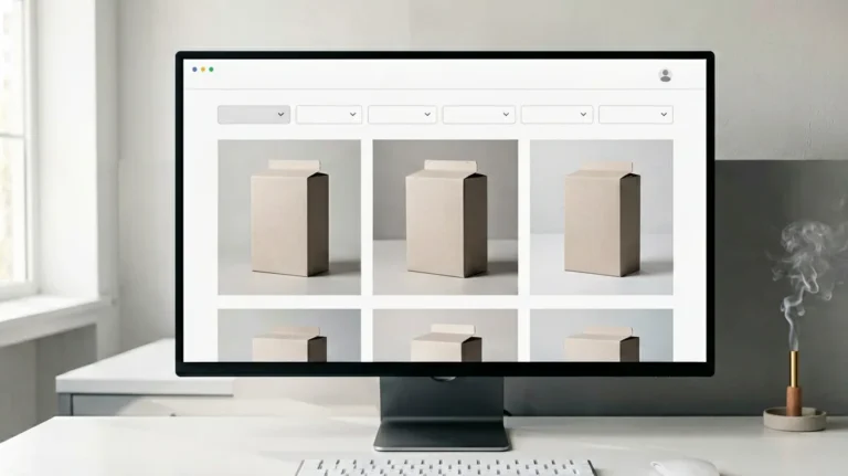 Unbranded catalogue interface with category filters and generic carton-shaped product packages