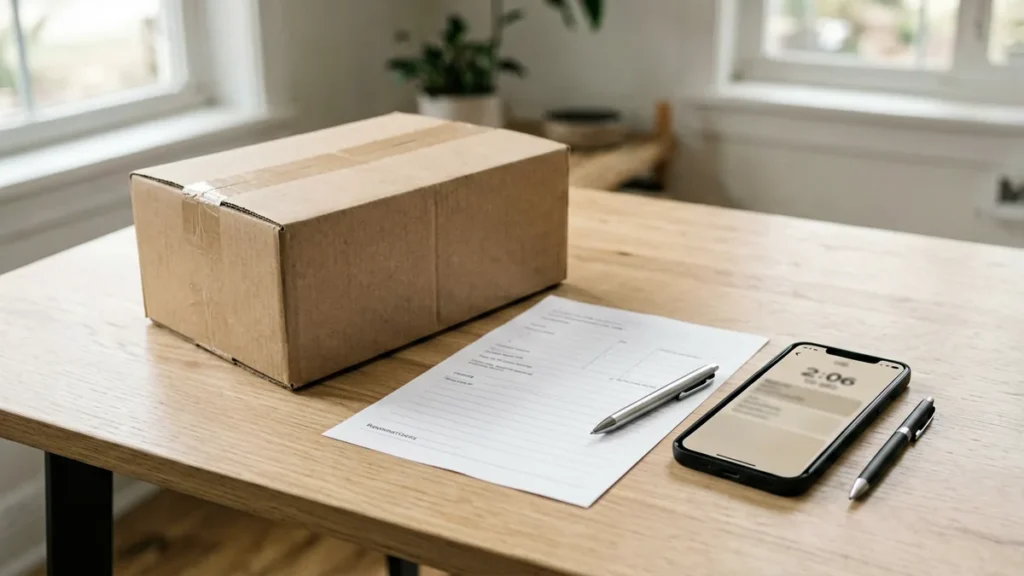 Unbranded parcel beside a blank order checklist and smartphone on a desk