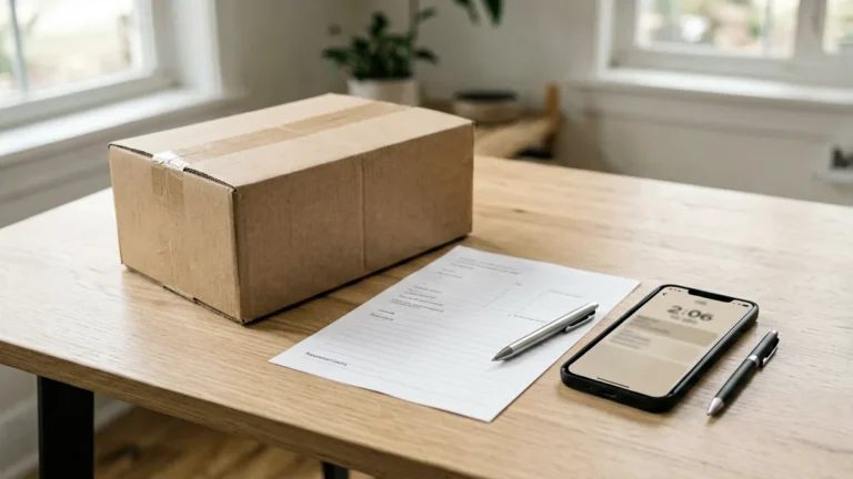 Unbranded parcel beside a blank order checklist and smartphone on a desk