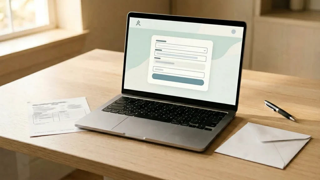 Laptop with an abstract contact form beside a redacted order record and envelope