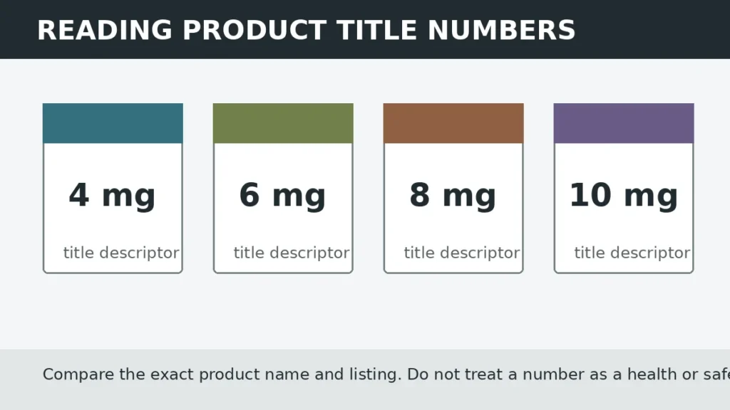 Four neutral product title cards labelled 4 mg, 6 mg, 8 mg and 10 mg