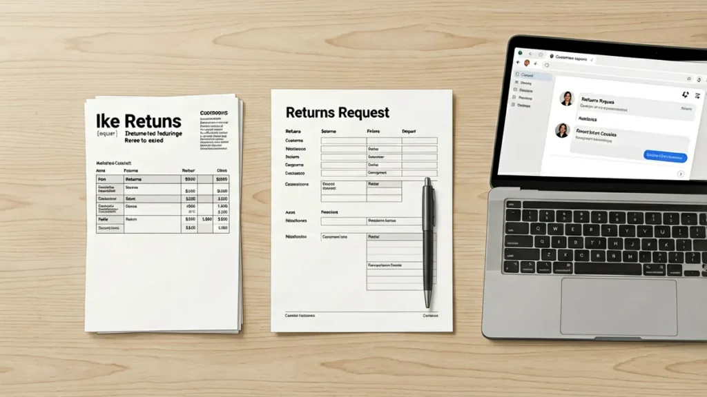 Flat-lay illustration of an order receipt and a returns request form beside a laptop showing a support chat window