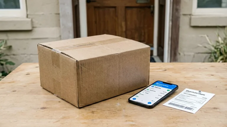 Unbranded parcel beside a smartphone showing a generic delivery status
