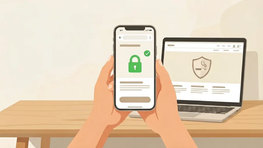 Illustration of checking a website address with a padlock and verification checkmark on a smartphone before ordering online