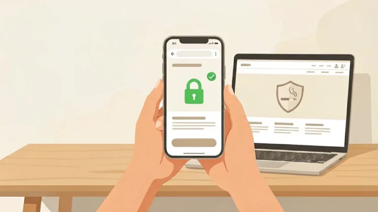 Illustration of checking a website address with a padlock and verification checkmark on a smartphone before ordering online