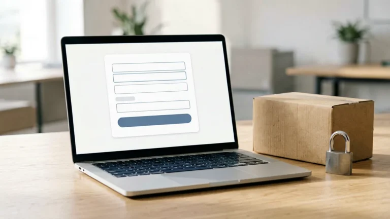Laptop with a blank checkout form beside a sealed parcel and a padlock
