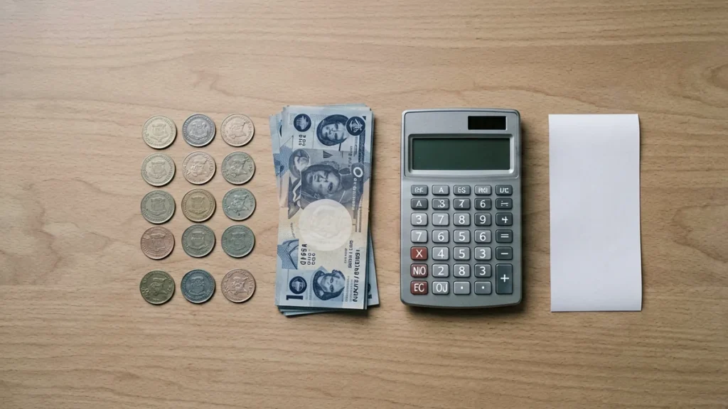 Editorial flat-lay of Australian dollar coins, banknotes, a calculator and a blank receipt on a wooden counter