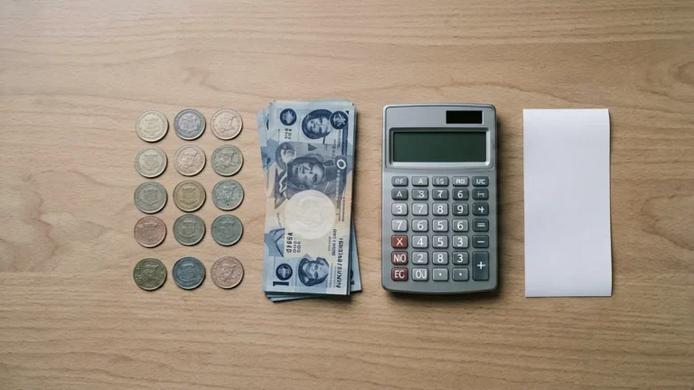 Editorial flat-lay of Australian dollar coins, banknotes, a calculator and a blank receipt on a wooden counter